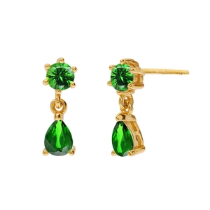 Macro detail of gold earrings with green teardrop zircon stones on white background