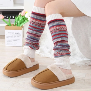 Jambières d'hiver en tricot Fair Isle avec pantoufles confortables à plateforme marron