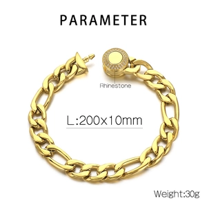 Details einer 10mm Gold-Panzerkette mit Strass-Schnalle und Maßen von 200x10mm