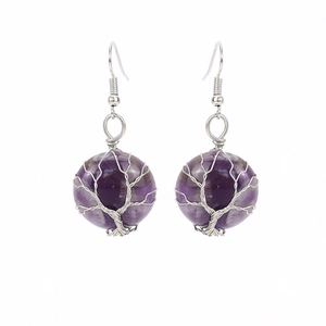 Detailed handmade tree of life wire-wrapped amethyst round earrings with fish hooks