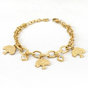 Gold stainless steel bracelet with tree of life charms and zircon heart pendants