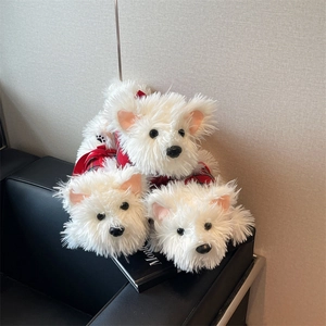Plush Dog Shape Crossbody Bag Women Fashionable Cute Doll Purse With Red Plaid Clothes Soft Fuzzy Handbag