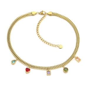 Gold stainless steel chain necklace featuring five colorful gemstone pendants with lobster clasp