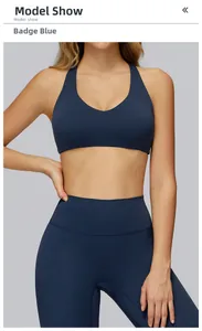 Detail of Emblem Blue brushed yoga bra and high waist leggings set on model