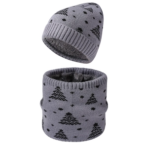 Fleece lined winter knit hat and neck warmer set with Christmas cedar patterns in grey