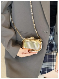 Golden mini metal chain bag with vertical stripes shown on a side-view model outfit
