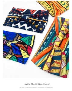 Detail of wide elastic headbands with African geometric prints and knot design