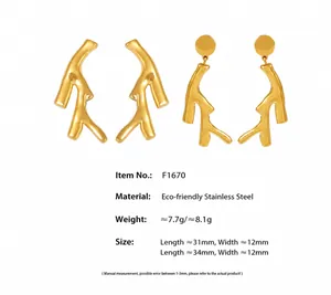 Detail view of tree branch gold earrings in stainless steel with weight and size data
