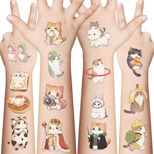 Close-up of cute watercolor cat temporary tattoos on arms for parties and children