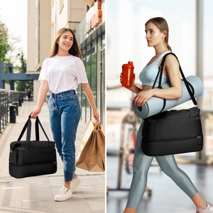 Dual-scene view of black fitness bag with bottom shoe compartment and yoga mat straps