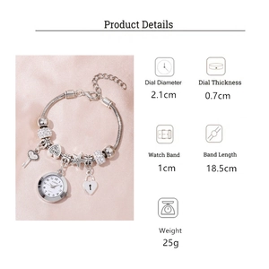 Detailed specs of the beaded charm watch with heart pendants and quartz movement
