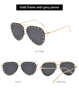 Three views of gold metal pilot sunglasses with grey lenses and rivet decorations