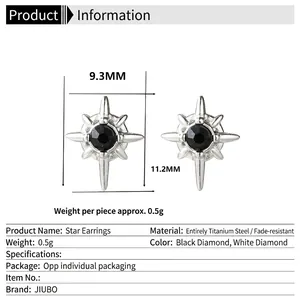 Titanium steel eight-pointed star stud earrings with inlaid black cubic zirconia gems