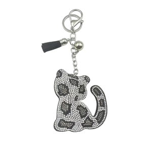 Portachiavi gatto leopardo con strass bianchi e neri, nappa e campanello argento