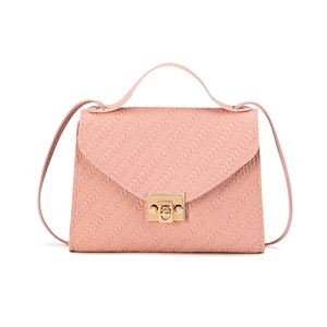 Pink woven texture crossbody small square bag with gold metal buckle and top handle