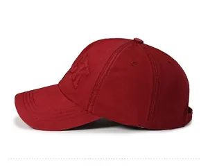 Close-up of wine red baseball cap with side NY embroidery and detailed cotton stitching