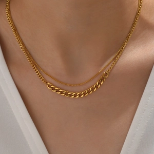 Modern double layered gold plated stainless steel curb chain necklace for women