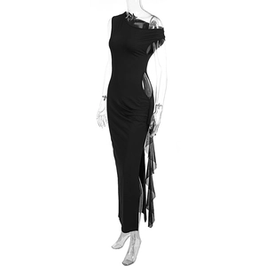 Detail of black one-shoulder maxi dress with side waist cut-out and draped pleats
