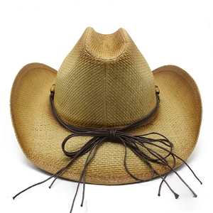 Ethnic Western cowboy straw hat in tan with decorative brown rope bow and curved brim