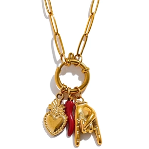 Gold paperclip necklace with red enamel cornicello chili and heart charm pendants