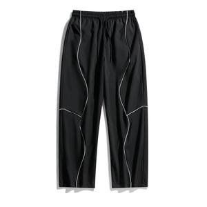 Casual wide-leg black trousers with white wavy edge trim and elastic drawstring waist