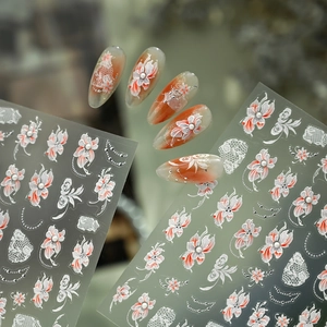 Elegant 3D floral nail stickers with red and white petals, pearls, and lace textures