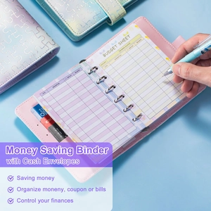 Pink PU leather budget binder with puzzle embossing and functional inner card slots