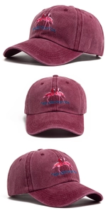 Close-up of flamingo embroidery and washed cotton texture on a vintage baseball cap