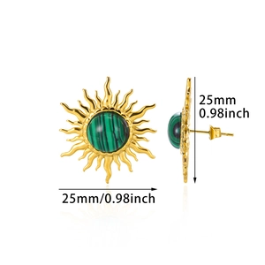 Detailed 25mm gold sunflower stud earrings featuring green malachite stone inlay