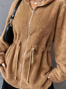 Brown fleece hooded jacket with adjustable drawstring waist and zipper closure for women