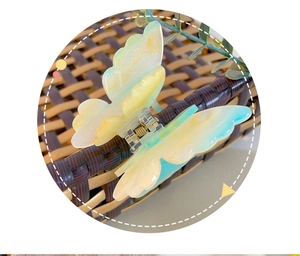 Detail of butterfly hair claw clip with gradient pearlescent marble texture and spring