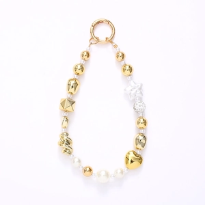 Golden heart and star beaded charm with white imitation pearls and round snap hook clasp