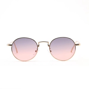 Retro small round metal frame sunglasses with purple pink gradient lenses in gold finish