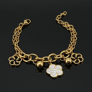 Double-layered 18K gold plated stainless steel floral bracelet with zircon diamond inlay