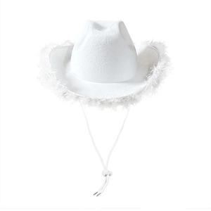 Detailed view of white cowboy hat featuring fluffy feather trim and adjustable chin strap
