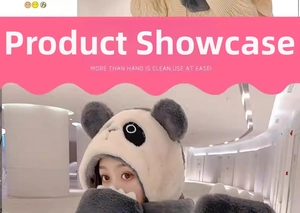 Detail view of plush 3-in-1 panda winter hat featuring integrated scarf and mittens pockets