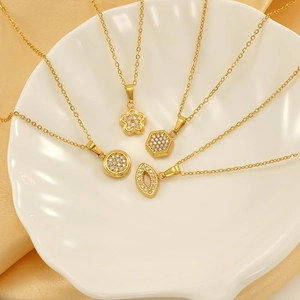 Elegant Geometric Pendant Necklace In 18K Gold Plated 304 Stainless Steel With Zircon Inlaid Minimalist Jewelry For Women