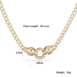 Detailed view of 18K gold plated leopard head necklace with size and weight specs