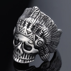 Vintage silver punk rock skull ring with Indian feather headdress for men, gothic style