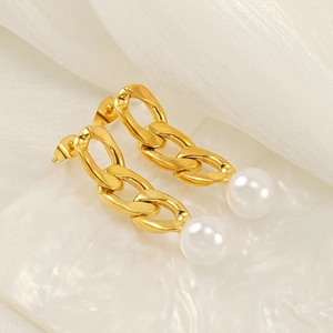 18K gold plated stainless steel Cuban chain earrings featuring elegant hanging pearls