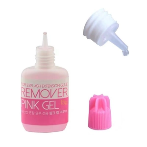 Close-up of pink gel eyelash glue remover with applicator tip and 15g bottle