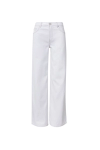 Vue détaillée du jean blanc à taille haute et jambe large montrant la texture du denim