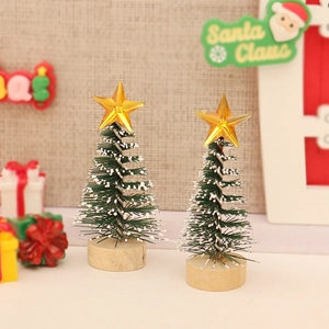 Miniature green Christmas tree models with frosted snow finish and gold star atop wooden base