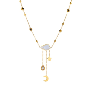 Golden cloud star and moon necklace with white shell pendants and black beads
