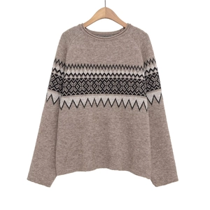 Women Knit Sweater Long Sleeve Round Neck Geometric Fair Isle Jacquard Loose Pullover Casual Autumn Winter Soft