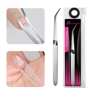 Close-up of stainless steel manicure tweezers shaping a clear nail tip with packaging