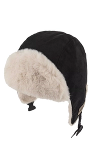 Detailed close-up of winter trapper hat showing black suede texture and beige faux fur lining