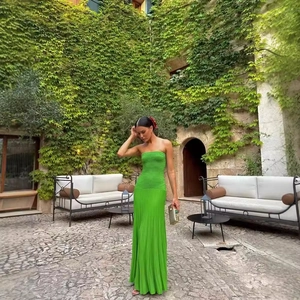 Strapless Knitted Maxi Dress Pleated Slim Fit Tube Top Evening Party Green High Waist Sexy Elegant For Women