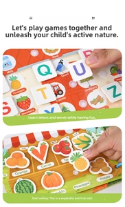 Detail of alphabet and vegetable puzzle cards being pasted in the toddler busy book