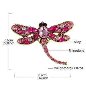 Pink dragonfly brooch with crystal rhinestones in vintage style for women, 9.2cm length